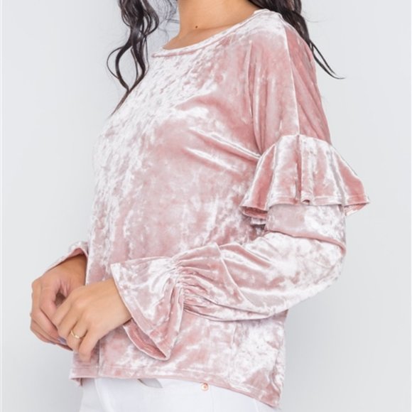 Tops - Blush Crushed Velvet Ruffle Sleeve Top